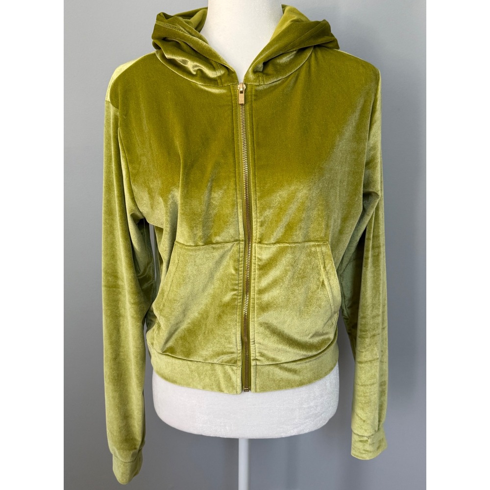 Fabletics Velour Donna Hoodie Green Cropped Jacket Gold Zipper Size‎ Small